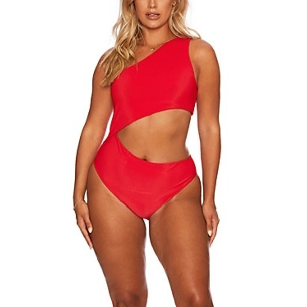 Beach Riot Celine One Shoulder Cutout One Piece Red Ribbed Swimsuit Size XL